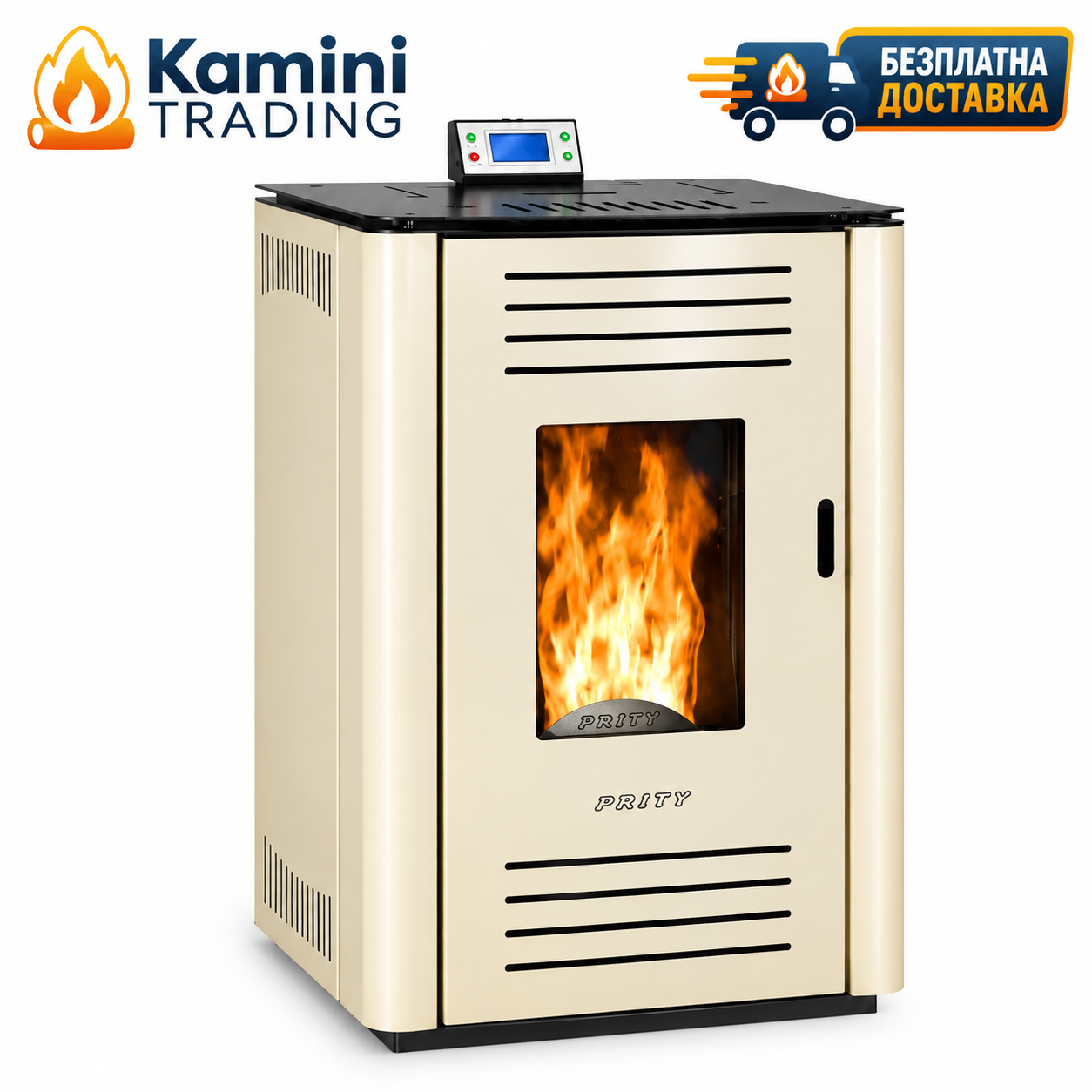 Камина PRITY с безплатна доставка Пелетна камина с водна риза Prity PL W11 Слонова кост - Image 1